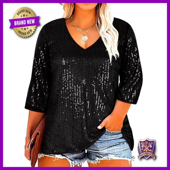 Tops - Plus Size Sequin Party Top 3/4 Sleeve Tunic XL-5XL